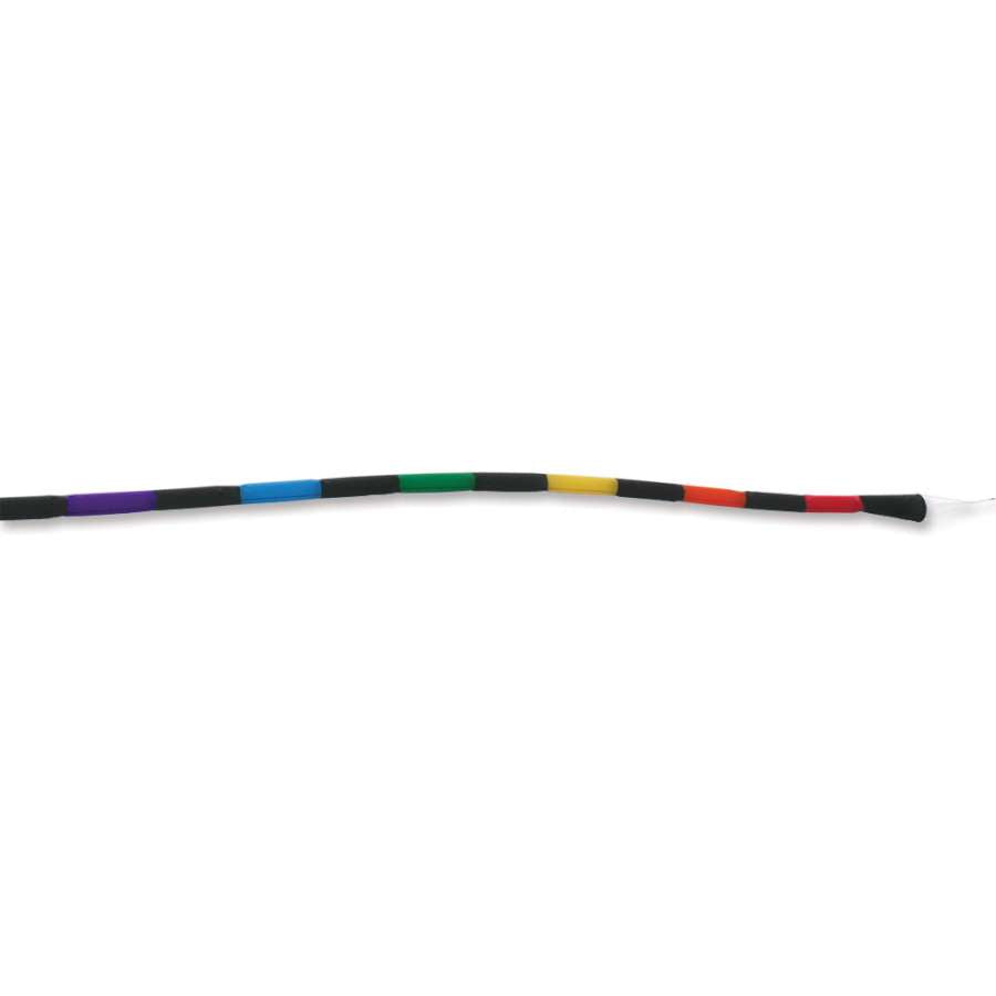 24 ft. Rainbow Tecmo tube tail, colorful and lightweight, fluttering in the wind attached to a windsock pole outdoors.