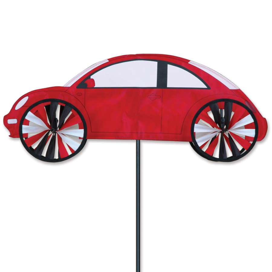 24 in. VW Beetle spinner in red rotating in the wind, showcasing its intricate design and vibrant color, ideal for indoor or outdoor display.