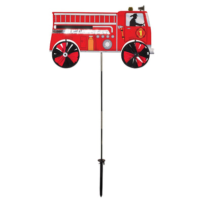 Vibrant 24'' Fire Truck Spinner in a garden setting with spinning wheels, showcasing a charming red fire truck design in motion.