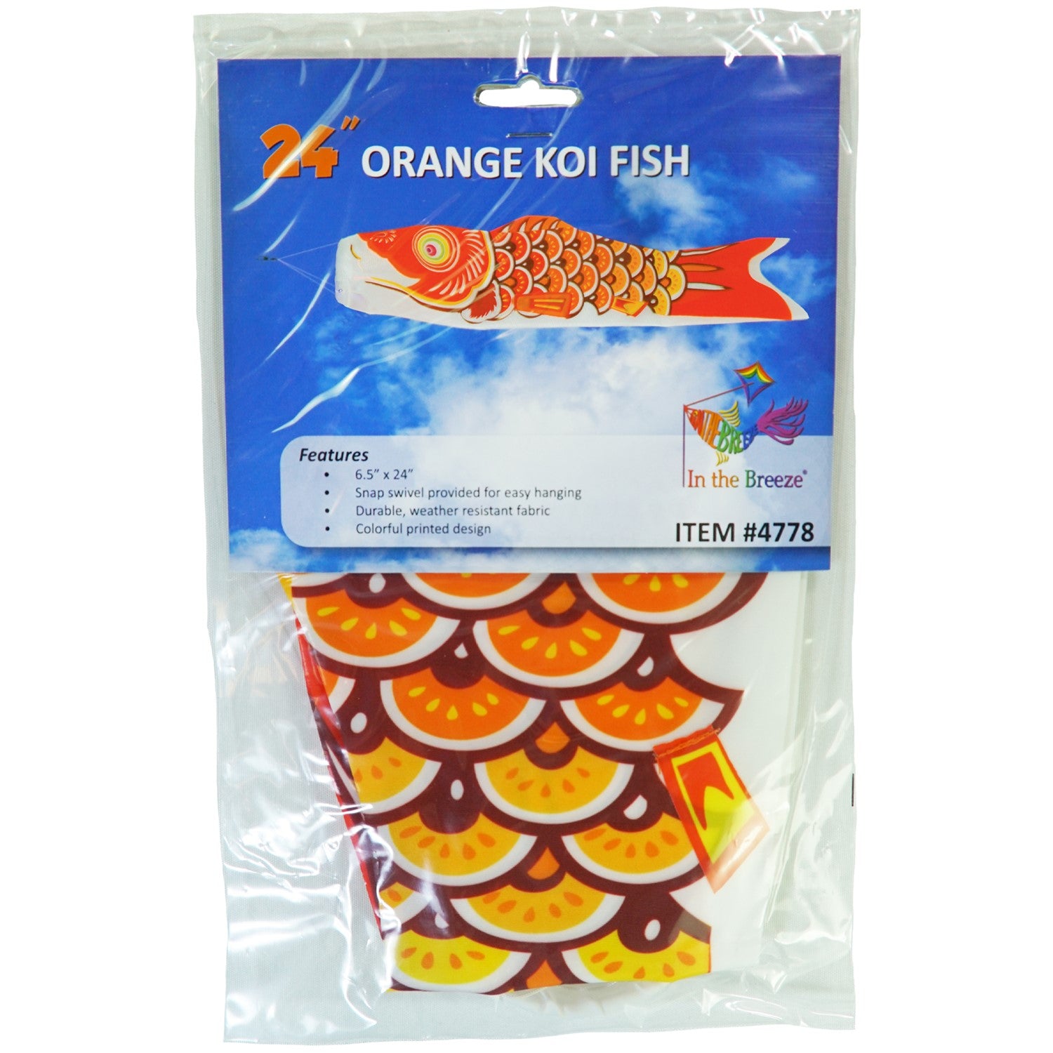 24-inch Orange Koi fish windsock displayed outdoors, featuring a vibrant design that flutters in the wind, perfect for garden decoration.
