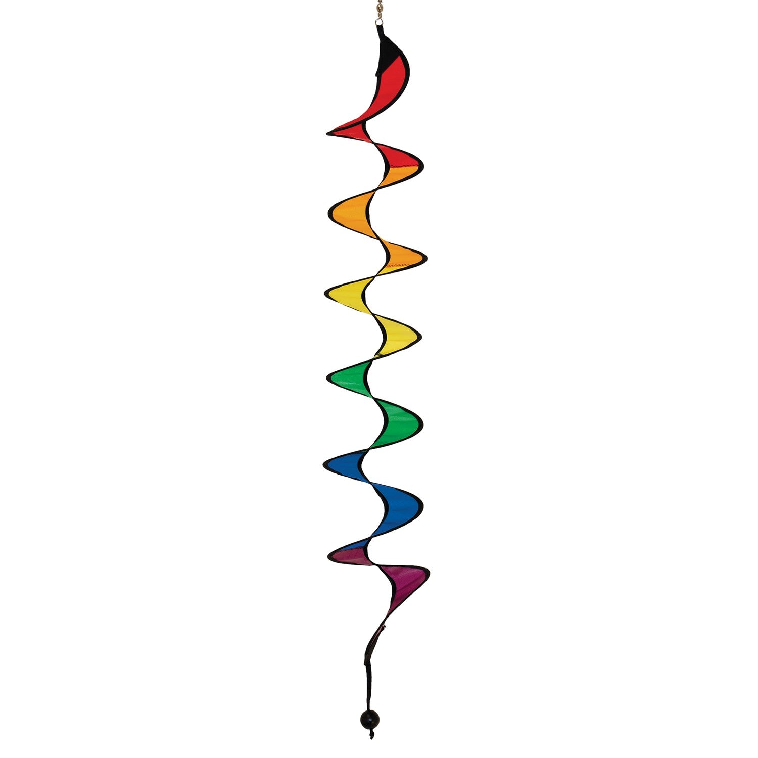 24-inch Rainbow Curlie hanging outdoors, showcasing vibrant colors in swirling patterns, dancing in the breeze with sunny background.