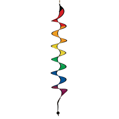 24-inch Rainbow Curlie hanging outdoors, showcasing vibrant colors in swirling patterns, dancing in the breeze with sunny background.