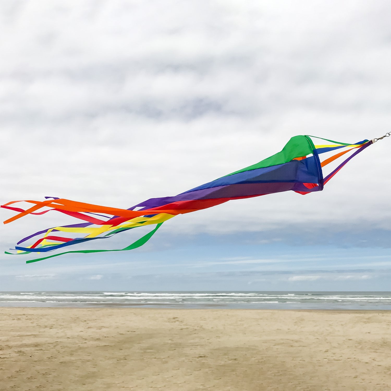 24-inch Rainbow Spinsock hanging outdoors, showcasing bright rainbow colors spinning gracefully in the wind.