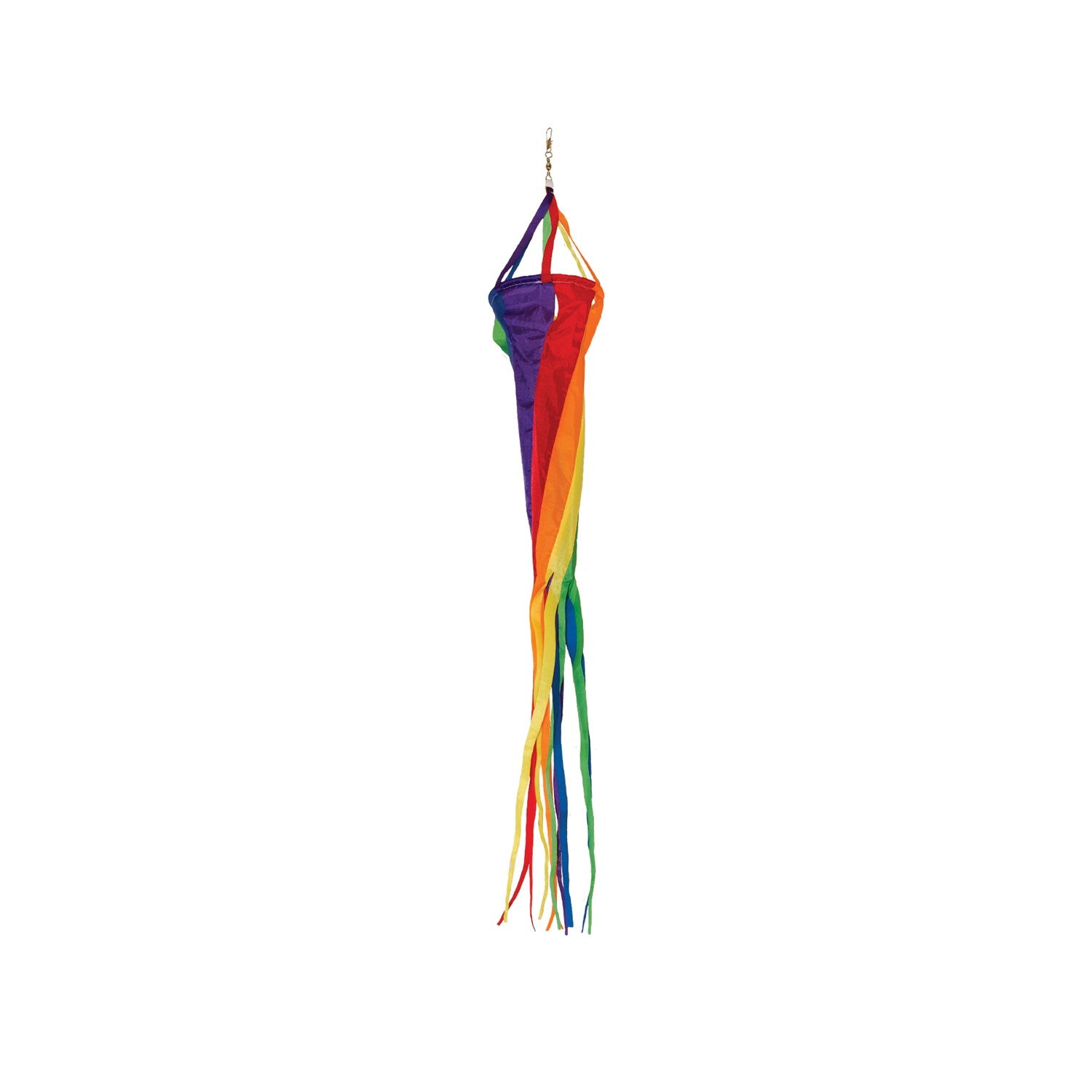 24-inch Rainbow Spinsock hanging outdoors, showcasing bright rainbow colors spinning gracefully in the wind.