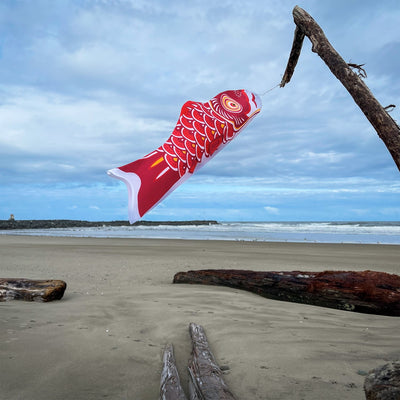 24-inch Red Koi windsock hanging outdoors, featuring a vibrant red koi fish design fluttering in the breeze against a clear sky.