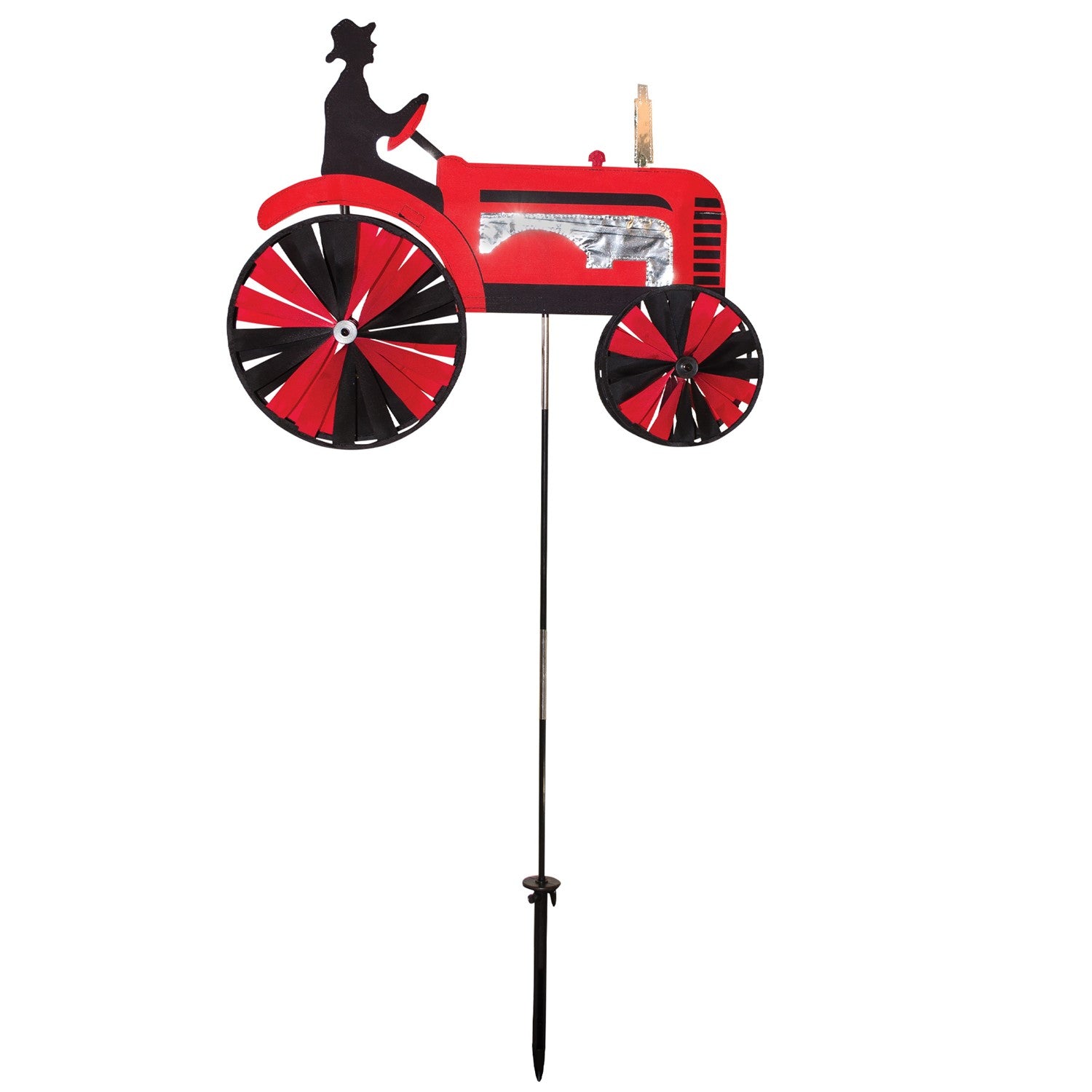 24-inch Red Tractor Spinner with four vibrant spinning wheels and applique details, delightfully showcased in an outdoor garden setting.
