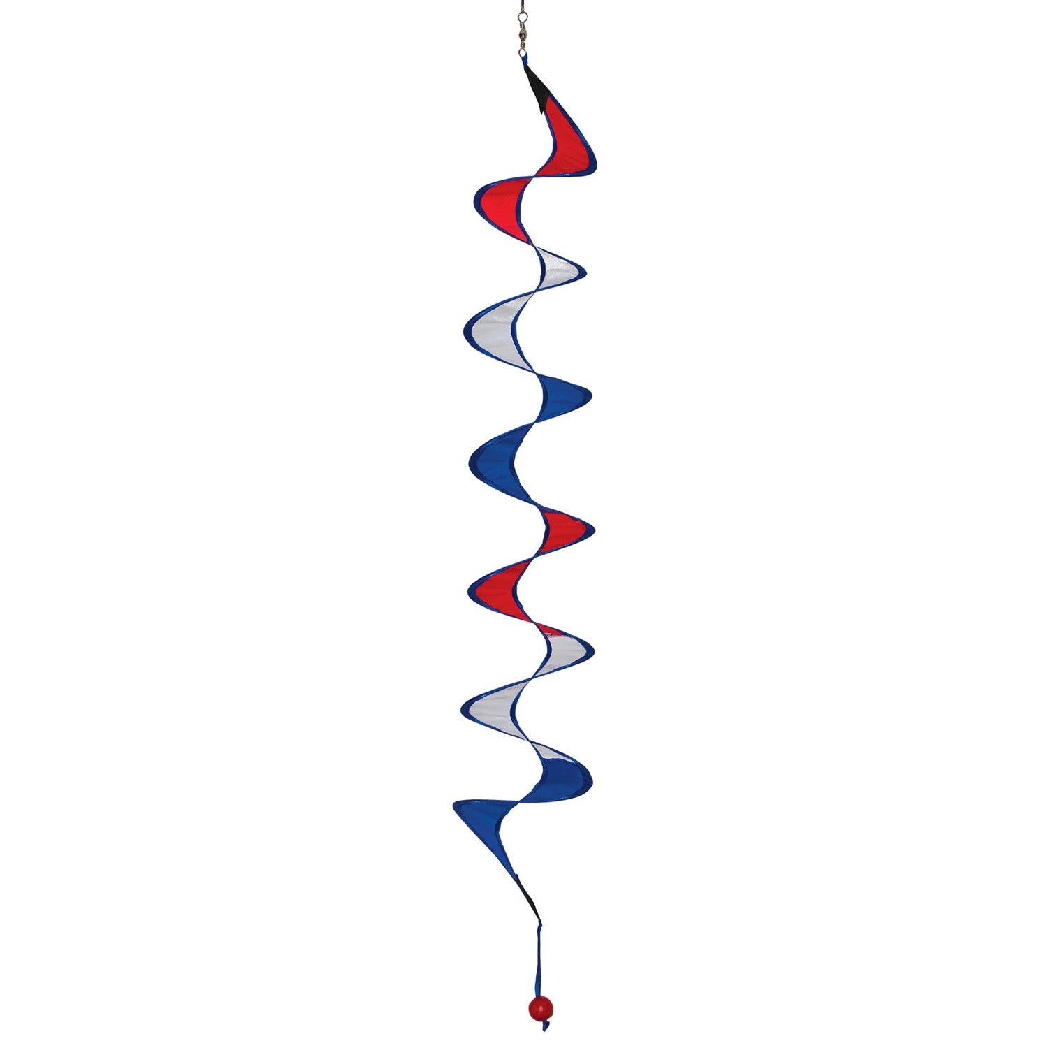 24-inch Red, White and Blue Curlie spinner hanging outdoors, displaying a vibrant spiral design in patriotic colors, gently swirling in the breeze.