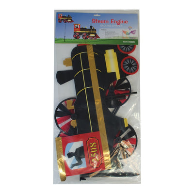 24-inch Steam Engine Spinner with vibrant colors and shiny applique accents, spinning gently in a garden setting, evoking retro train nostalgia.