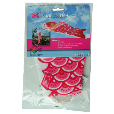 Colorful 24" Pink Koi windsock hanging outdoors, showcasing its vibrant design and fluttering in the breeze.