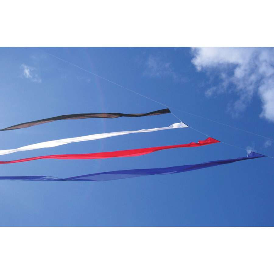 25 ft. Blue Banner Tail for Kites fluttering in the wind, showcasing vibrant color and design, perfect for outdoor kite flying and decoration.