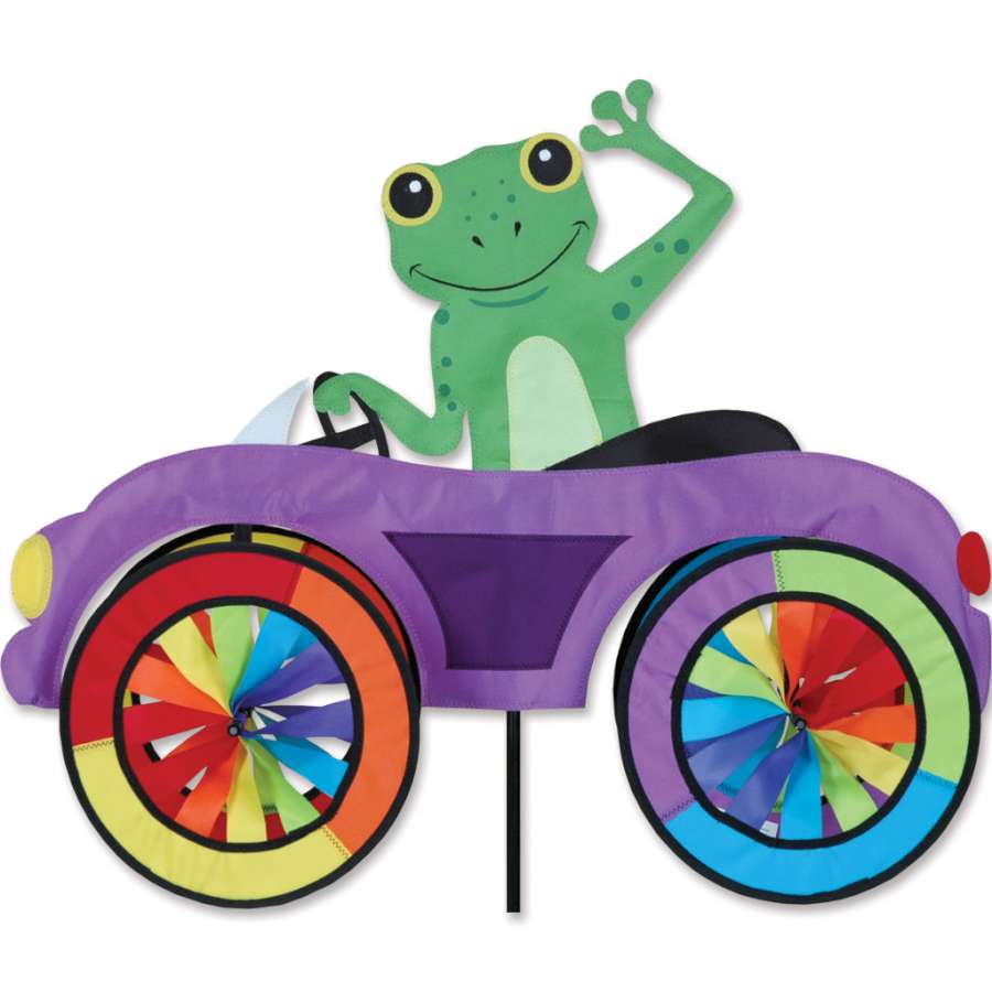25 in. Car Spinner featuring a frog design, spinning joyfully outdoors, displaying bright colors and a whimsical garden decor style.