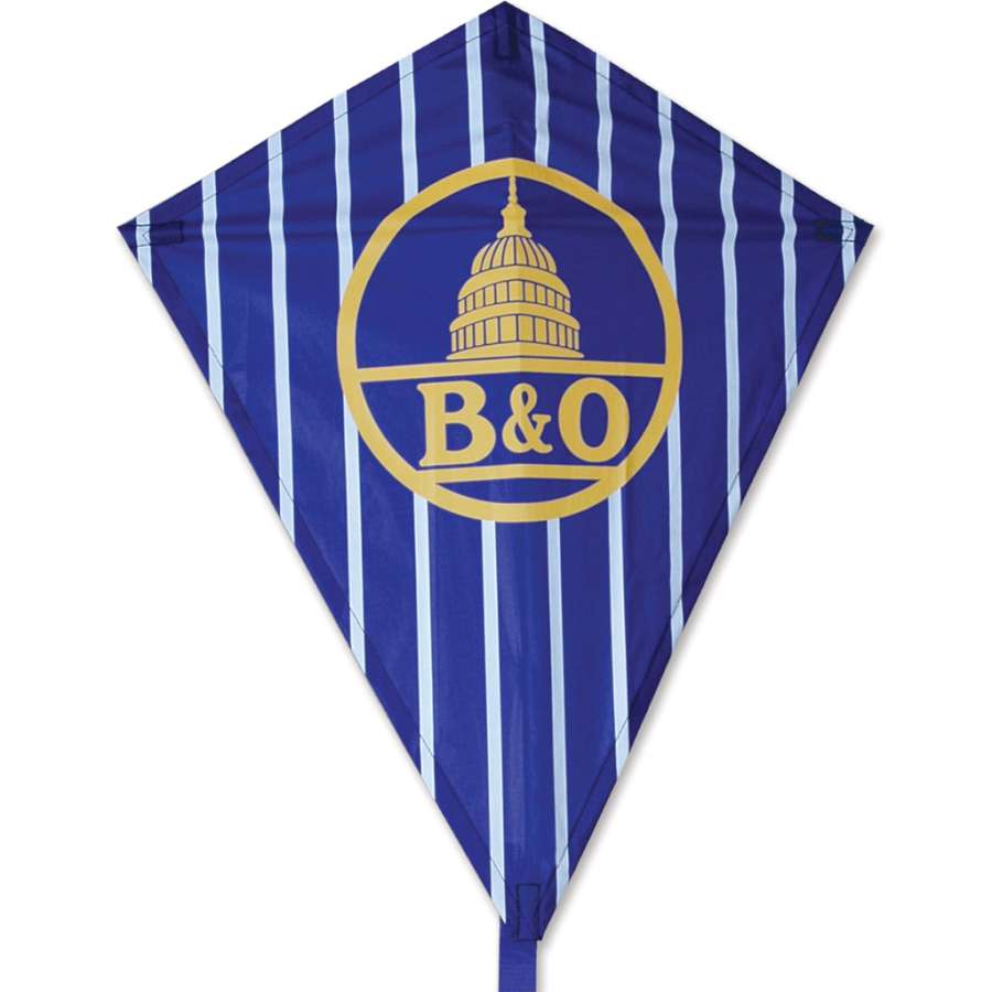 25 in. Diamond Kite featuring B&O logo flying against a clear blue sky, showcasing its vibrant ripstop polyester fabric.