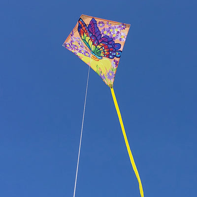 Vibrant 25 in. Diamond Kite featuring a butterfly and wildflowers design soaring in the sky on a sunny day.