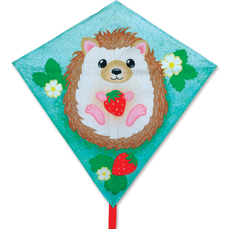 25 in. Diamond Kite featuring a whimsical hedgehog design soaring against a blue sky during outdoor playtime.