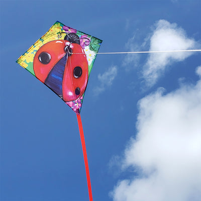 25 in. Diamond Kite featuring a bright ladybug design soaring in the sky, showcasing its vibrant colors and sturdy frame during flight.