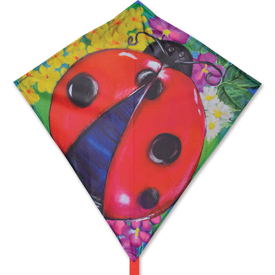25 in. Diamond Kite featuring a bright ladybug design soaring in the sky, showcasing its vibrant colors and sturdy frame during flight.