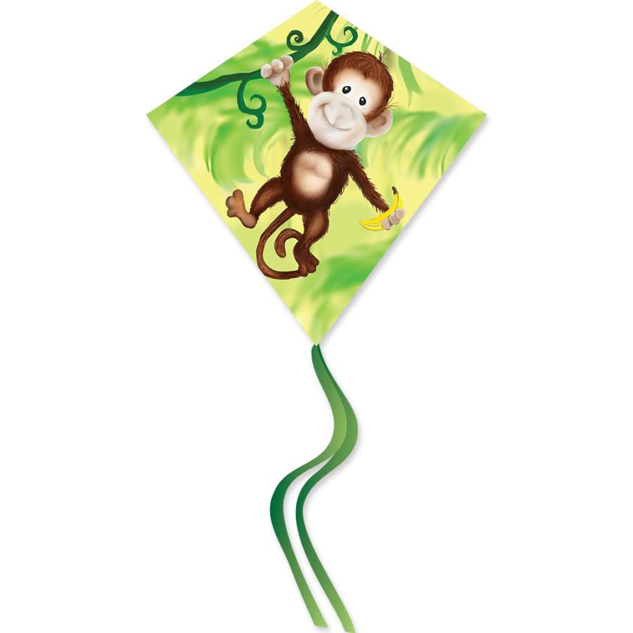 25 in. Diamond Kite - Monkey measuring 20 x 25 inches soaring high above in a clear blue sky, showcasing its colorful monkey design.