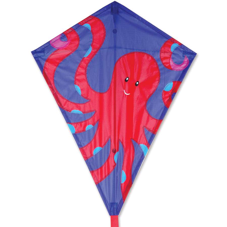 25 in. Diamond Kite featuring an octopus design soaring in a clear blue sky, showcasing its vibrant colors and durable frame for easy flying.