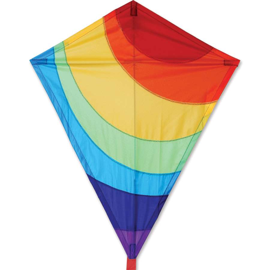 25 in. Diamond Kite - Radiant Rainbow with vibrant colors flying against a clear blue sky, showcasing its durable ripstop polyester fabric.