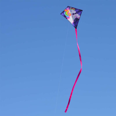25 in. Diamond Kite - Unicorn with colorful unicorn design, flying in a blue sky, showcasing its vibrant rip-stop polyester fabric.