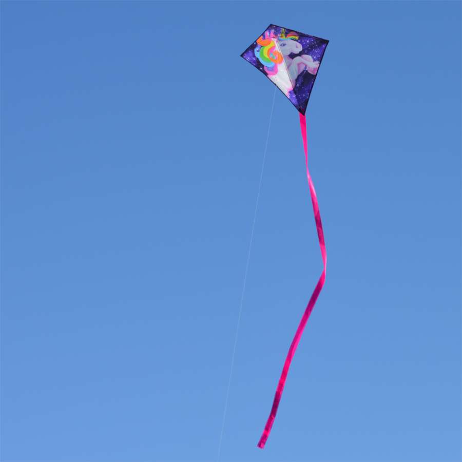 25 in. Diamond Kite - Unicorn with colorful unicorn design, flying in a blue sky, showcasing its vibrant rip-stop polyester fabric.