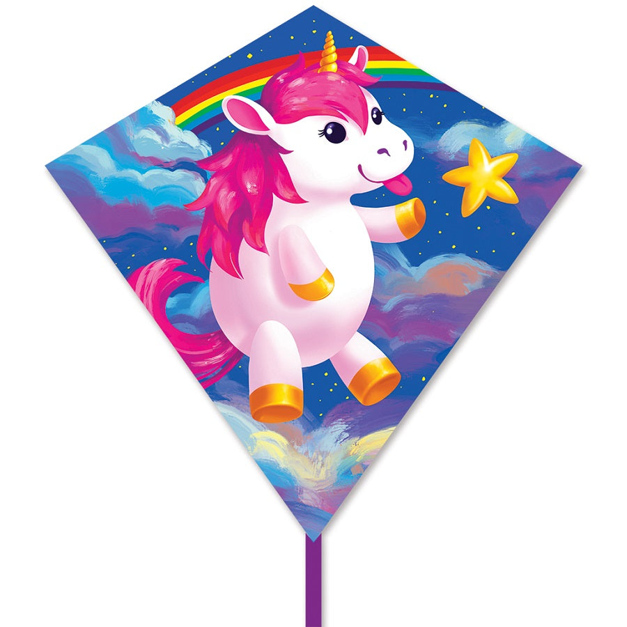 25-inch Diamond Kite featuring a whimsical Chonky Unicorn design soaring in the sky, accompanied by bright colors in an outdoor setting.