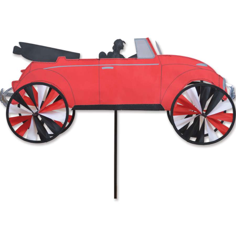 26 in. VW Red Convertible die-cast model with detailed features and a glossy red finish displayed on a shelf.