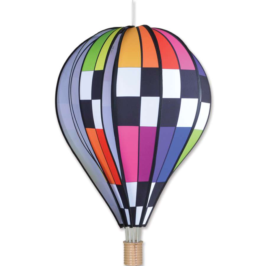 Vibrant 26 in. Hot Air Balloon with checkered rainbow design spinning gently in a sunny garden setting, colorful and eye-catching.