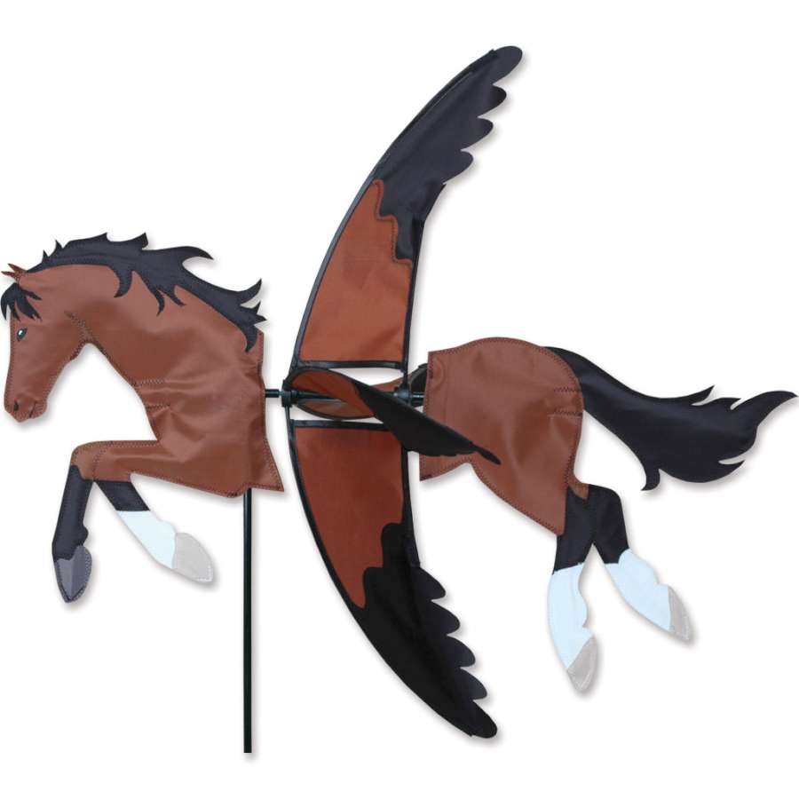 27 in. Bay Horse Spinner made of durable materials showing a beautifully detailed bay horse design rotating in a garden setting.