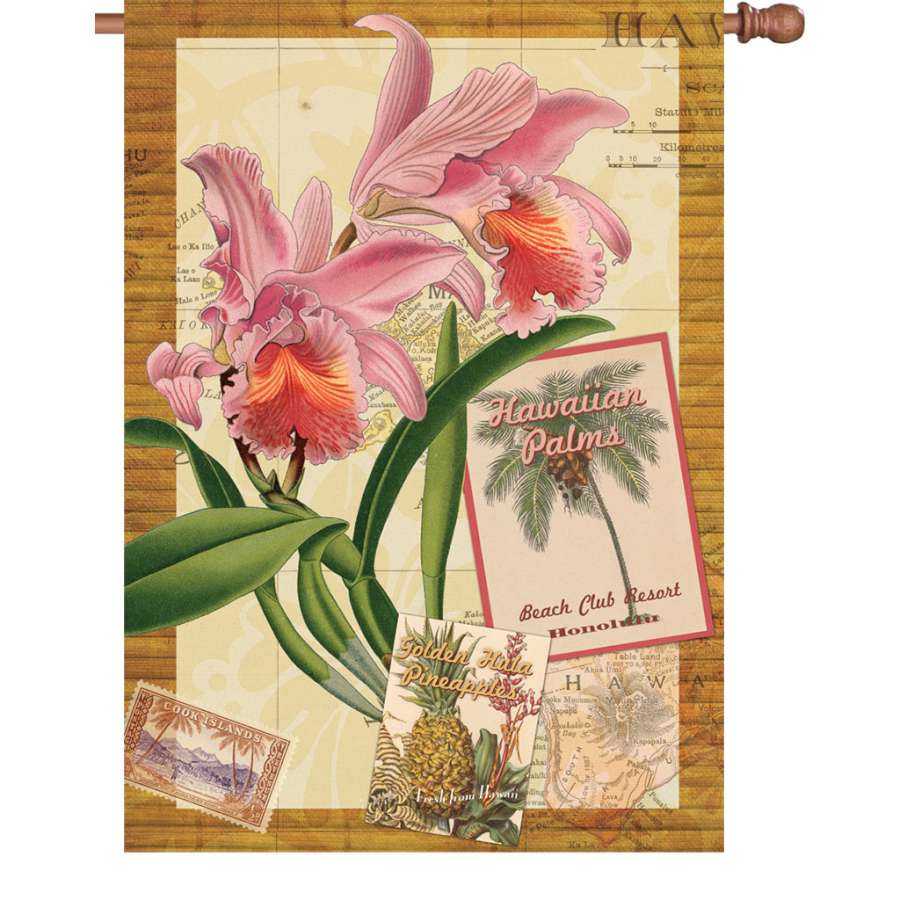 28 in. Aloha Orchid flag made of PremierSoft fabric, displaying a bright floral design and fluttering in the wind in a picturesque garden setting.