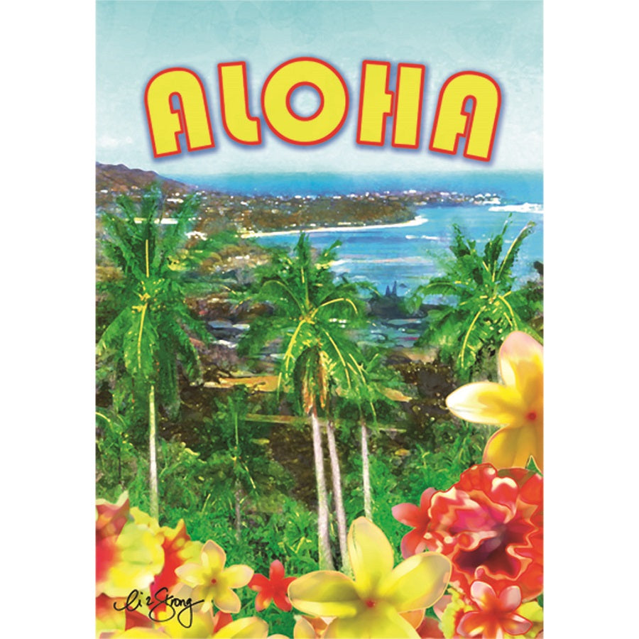 28 in. Aloha Diamond house flag featuring a colorful diamond pattern, displayed in an outdoor setting with bright sunlight.