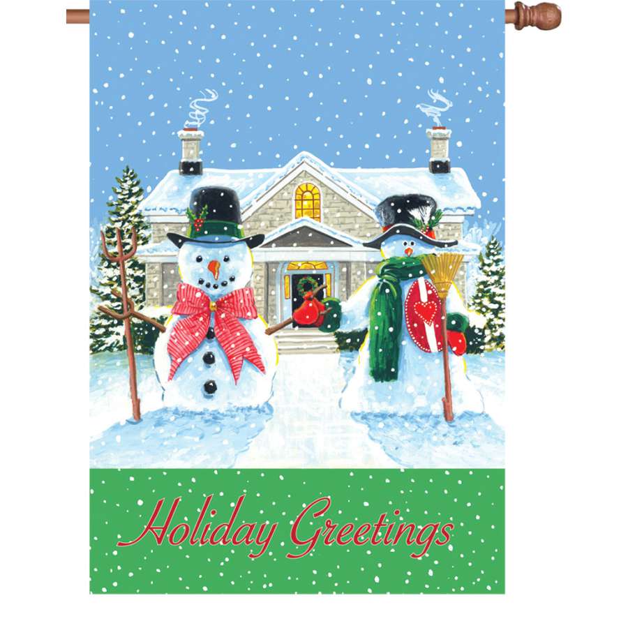28 in. American Snowman flag displayed outdoors featuring a cheerful snowman design with holiday greetings in vibrant colors.