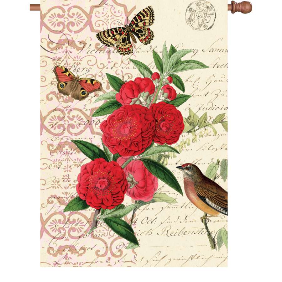 28 in. Antique Apricot flag displayed on a house flagpole, showcasing vibrant colors illuminated for evening gatherings in an outdoor setting.