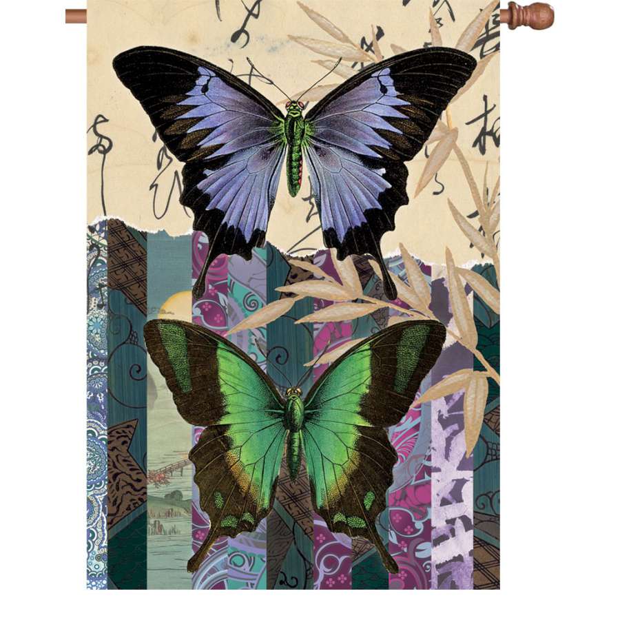 28 in. Asian Butterflies illuminated house flag featuring beautiful butterfly designs displayed on an outdoor flagpole in a garden setting.