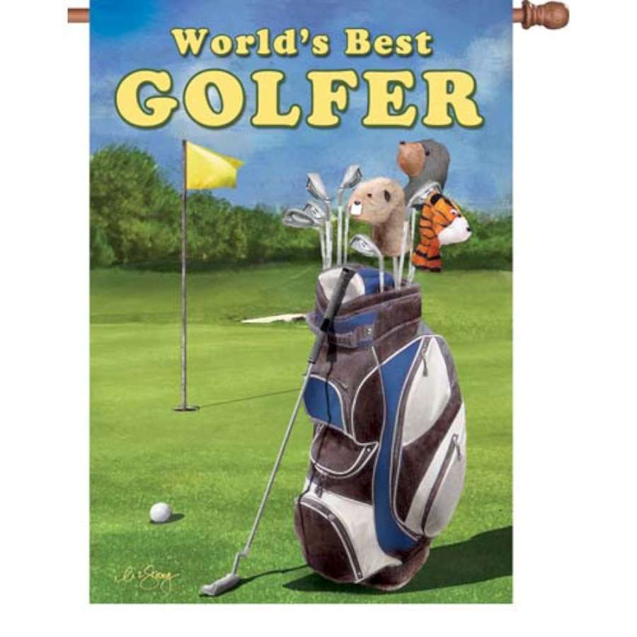 28 in. Best Golfer flag featuring 'World's Best GOLFER' design fluttering on a flagpole in a backyard setting.