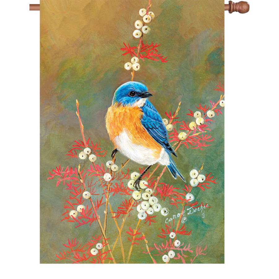28 in. illuminated Bluebird Beauty flag featuring vibrant bluebirds and florals, displayed outdoors on a flagpole.