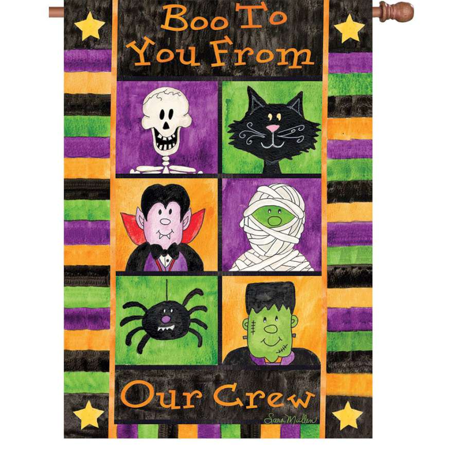 28 in. Boo to You house flag made of PremierSoft fabric, featuring cheerful Halloween-themed text displayed outdoors on a flag stand.