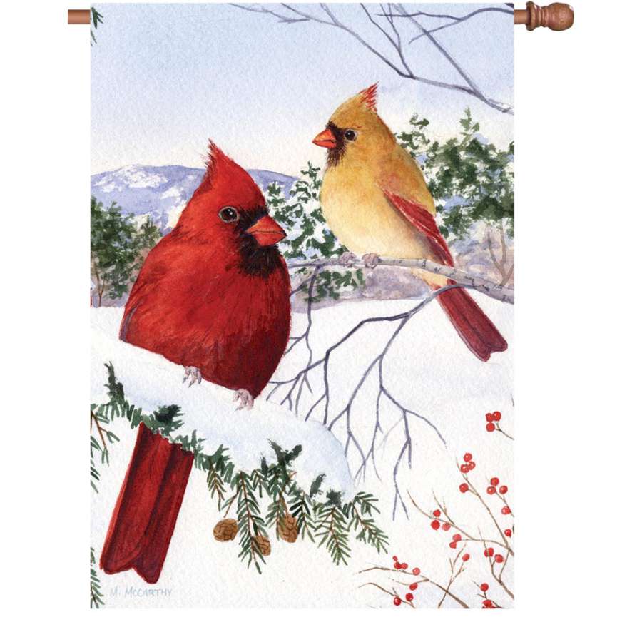 The 28 in. Cardinals and Hemlock Flag features a stunning cardinal design surrounded by hemlock branches, illuminated for vibrant outdoor display.