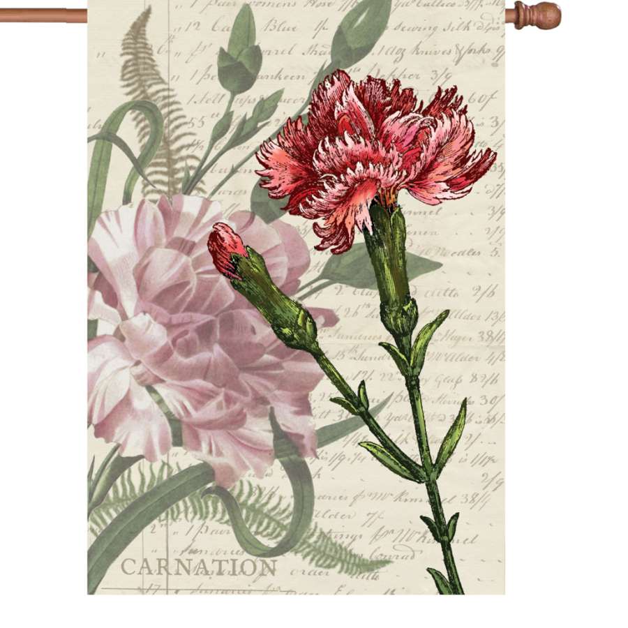 28 in. illuminated house flag featuring a colorful carnation design displayed on a flagpole in a vibrant spring garden setting.