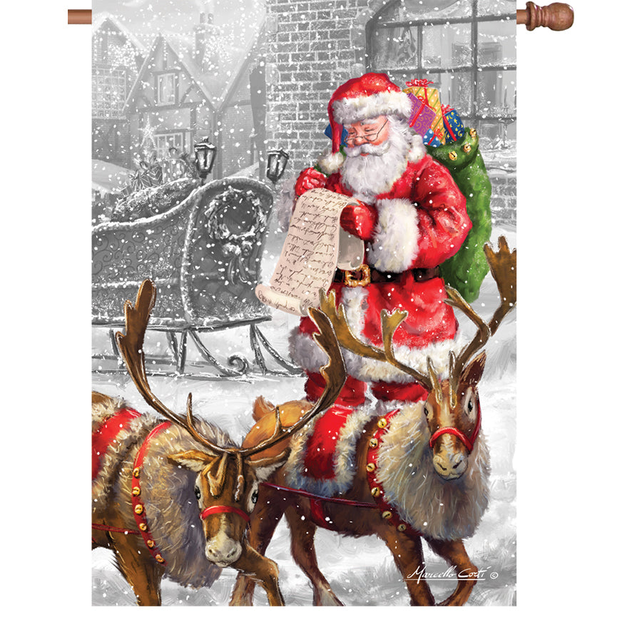 28 in. Check It Twice illuminated flag, featuring a vibrant winter design displayed in an outdoor holiday setting at dusk.