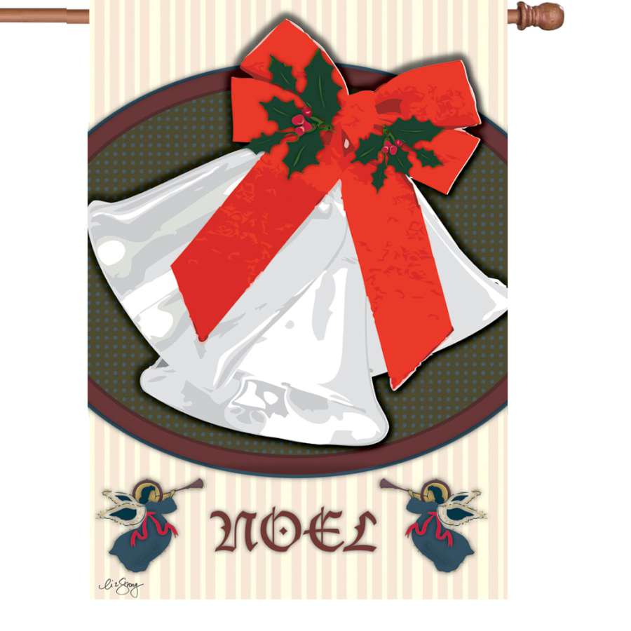28 in. Christmas Bells flag displaying the word 'NOEL' with festive bell graphics, positioned outdoors in a winter setting.
