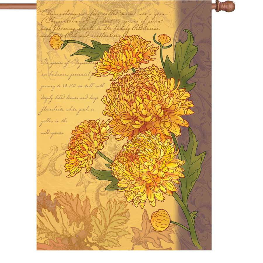 28 in. Chrysanthemum flag displaying vibrant floral design, illuminated for nighttime charm, set in a colorful garden.