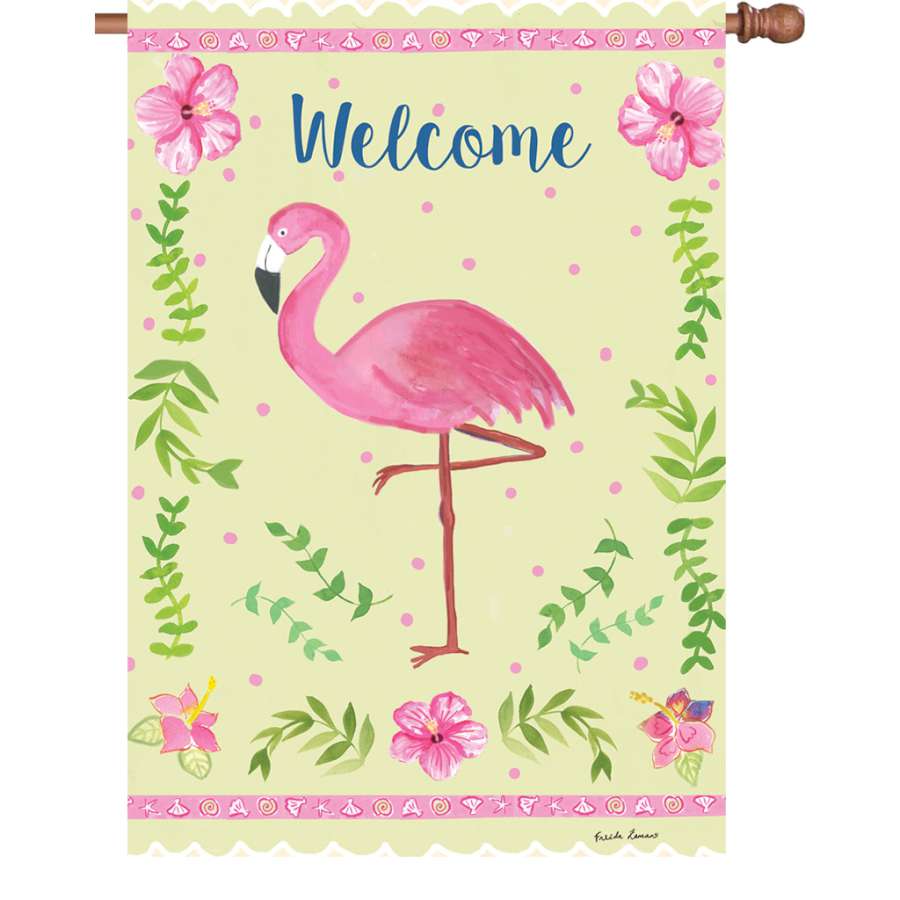 28 inch Coastal Flamingo flag made of PremierSoftTM fabric, displaying vibrant flamingo design in a garden setting.