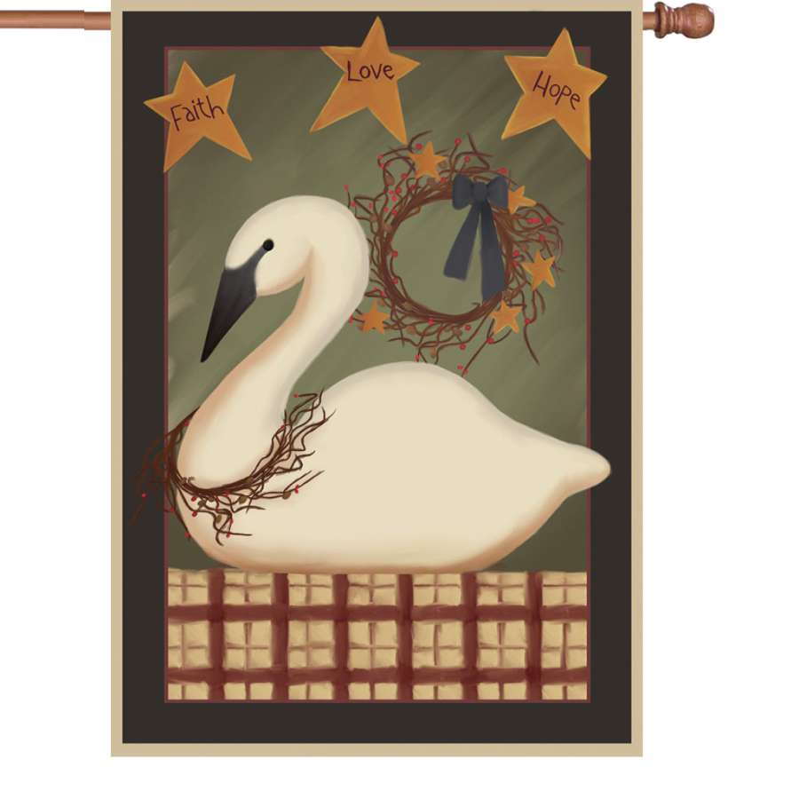 28 in. Country Swan house flag featuring a serene swan on a lake, ideal for winter outdoor decorations, displayed on a flagpole.