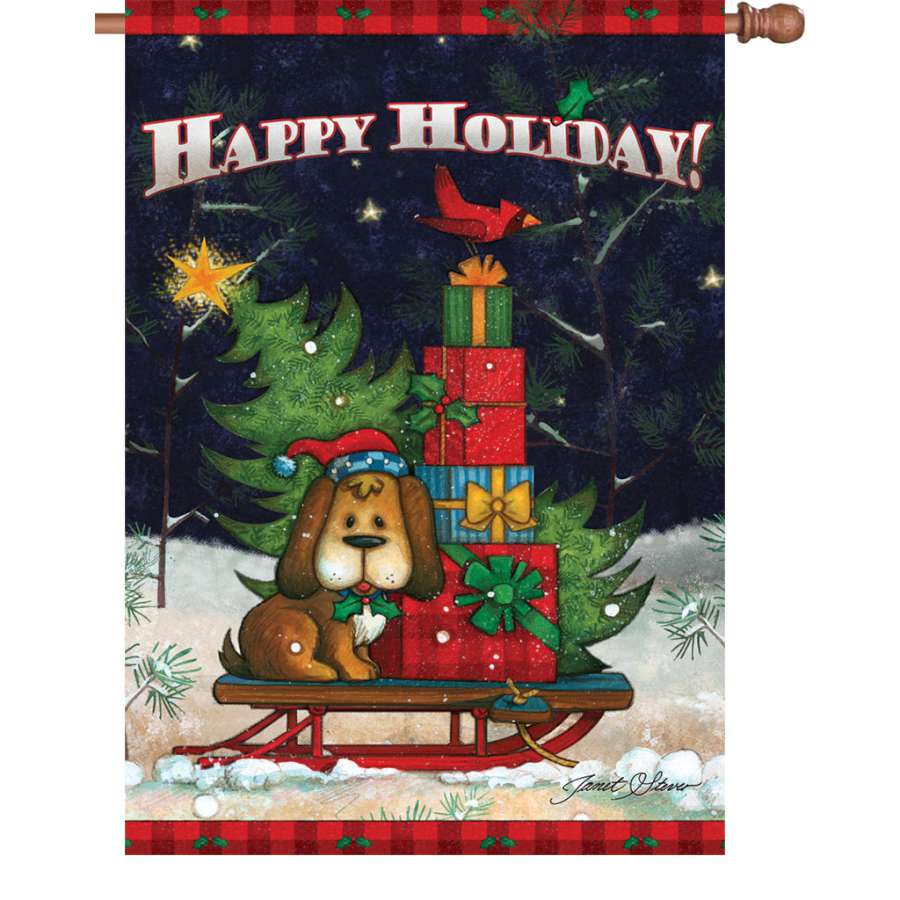28 in. Doggone Happy Holiday flag made of premier soft fabric displaying cheerful 'HAPPY HOLIDAY!' text, elegantly swaying outdoors.