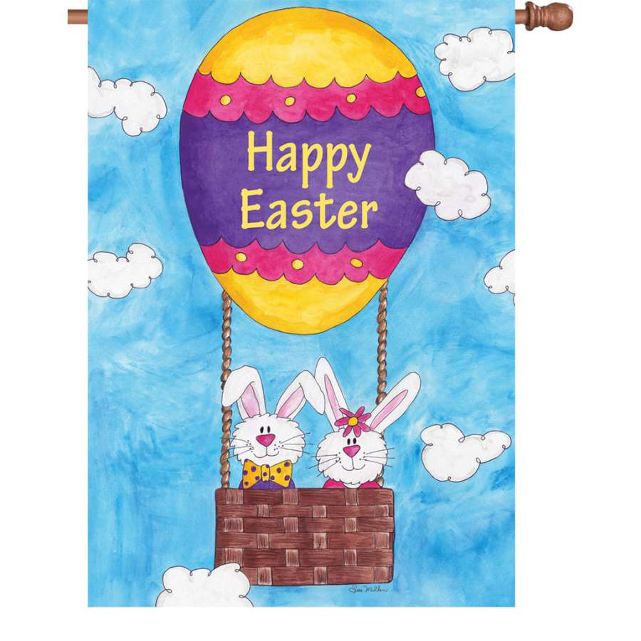 28 in. Easter Is in the Air house flag with vibrant colors and 'Happy Easter' text displayed in an outdoor garden setting.