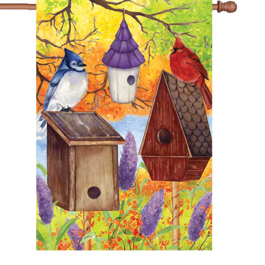 28 in. Fall Bird Gathering flag displaying beautiful bird imagery surrounded by colorful fall foliage, illuminated for outdoor charm.