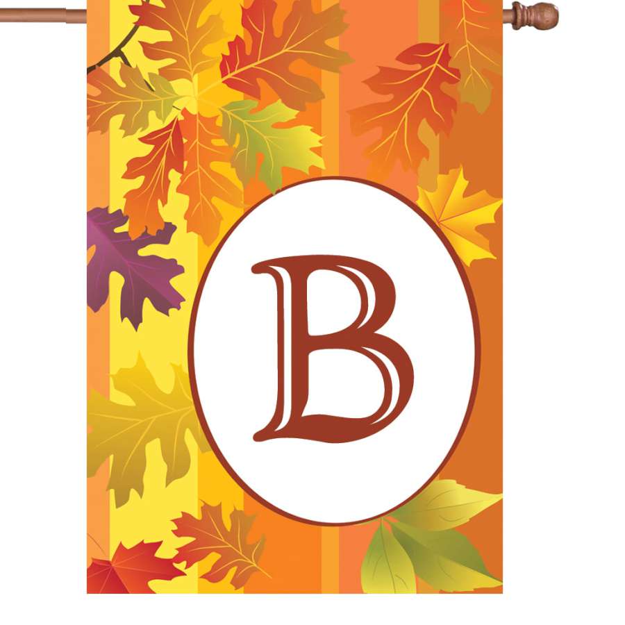28 in. Fall Monogram Flag - B featuring vibrant autumn colors and personalized monogram, elegantly displayed on a porch setting.