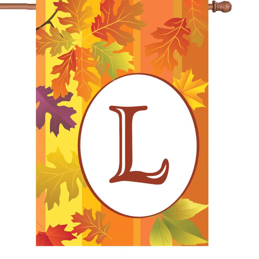 28 in. Fall Monogram Flag - L displayed outdoors with vibrant colors, featuring a personalized monogram design for seasonal decoration.