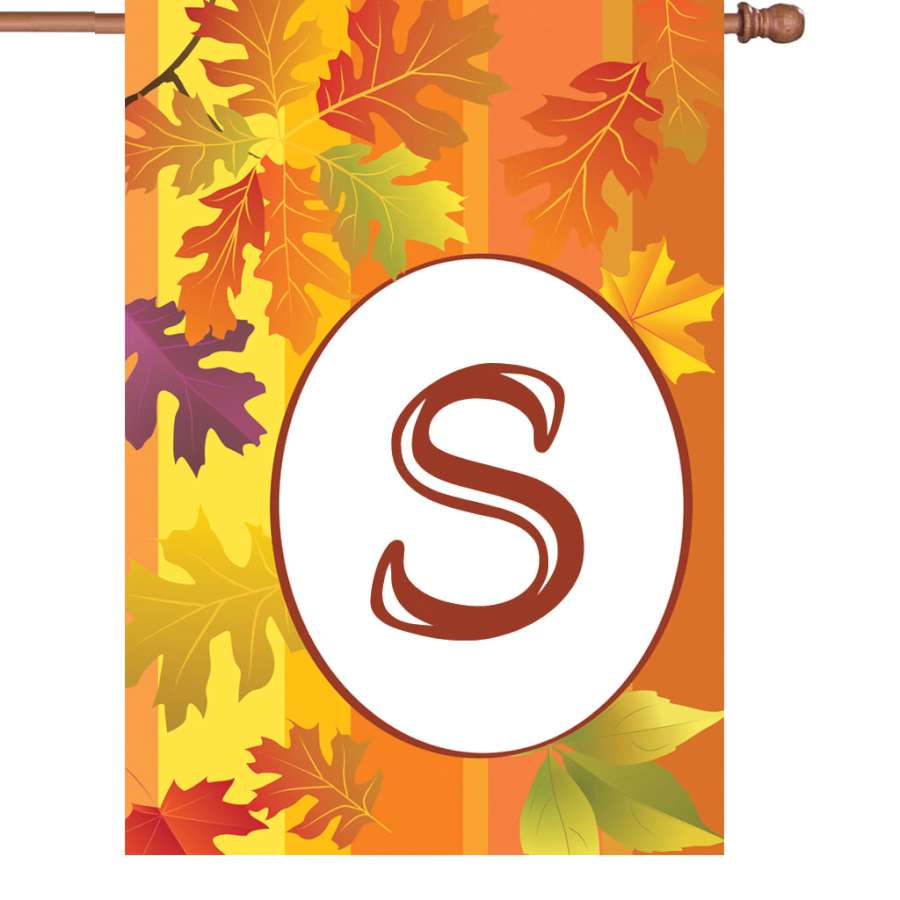 28 in. Fall Monogram Flag - S featuring elegant autumn motifs and a personalized letter displayed on a house flag holder in a front yard.
